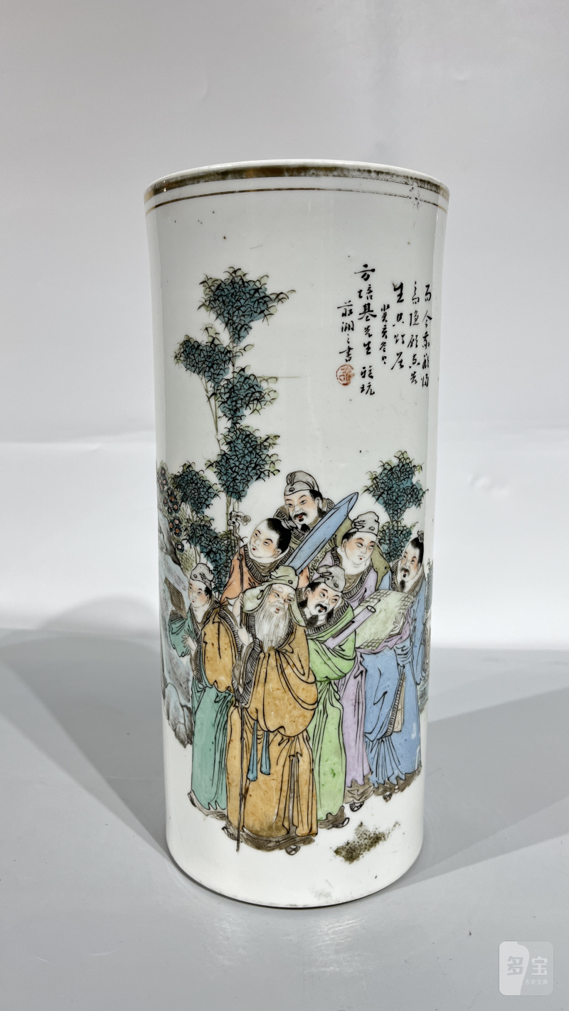 清 粉彩人物故事帽筒 - 图2